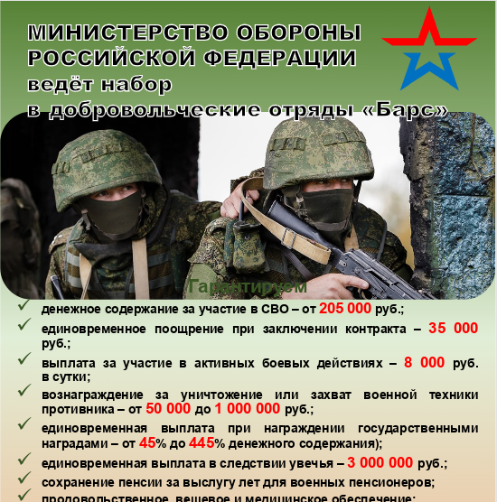 МИНИСТЕРСТВО ОБОРОНЫ РОССИЙСКОЙ ФЕДЕРАЦИИ ведёт набор в добровольческие отряды «Барс». МИНИСТЕРСТВО ОБОРОНЫ РОССИЙСКОЙ ФЕДЕРАЦИИ ведёт набор в добровольческие отряды «Барс».